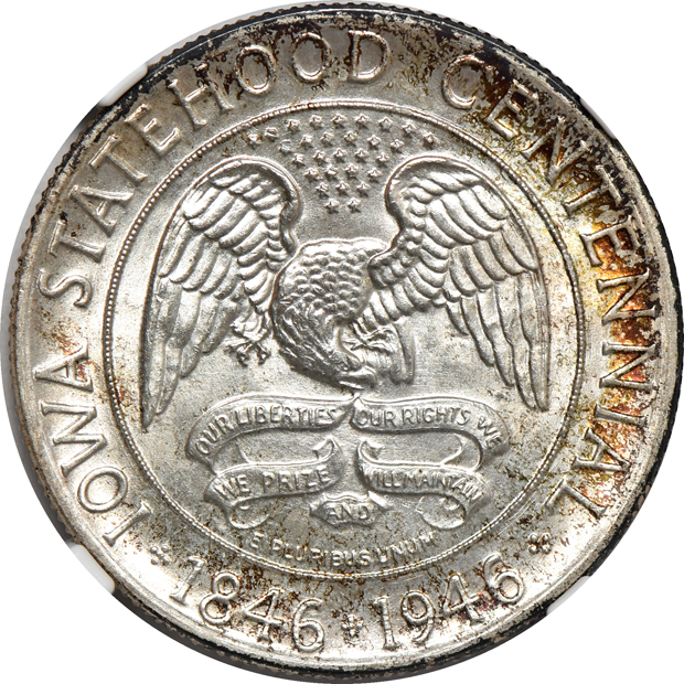 1925 Stone Mountain, 1936-S Columbia, and four 1946 Iowa, all NGC MS-66 CAC