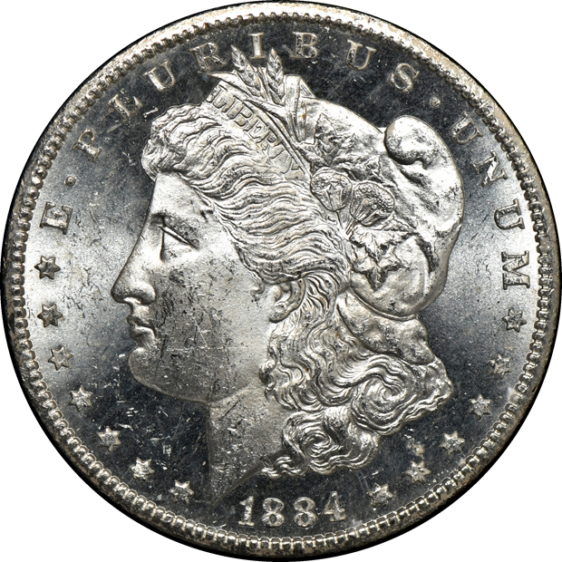 1883-CC GSA MS-64+, 1884-CC GSA MS-63, and an 1884-CC GSA MS-64 PL, all NGC CAC