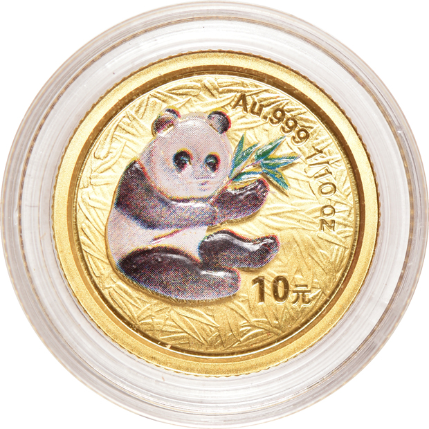 China - 1983 1/20oz gold Panda, 1994 lg dt 1/10oz gold Panda, and two 2000 1/10oz gold Panda, frosted ring, as described