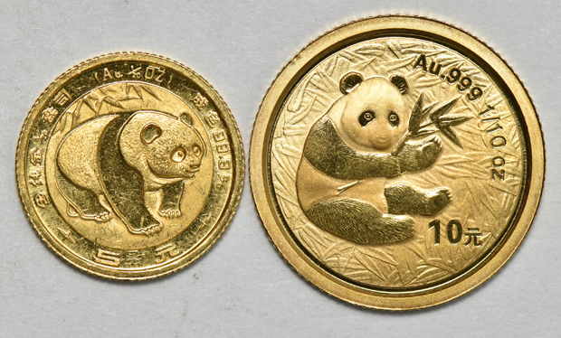 China - 1983 1/20oz gold Panda, 1994 lg dt 1/10oz gold Panda, and two 2000 1/10oz gold Panda, frosted ring, as described