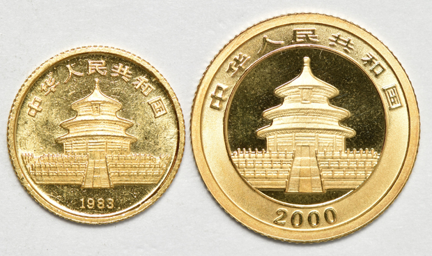 China - 1983 1/20oz gold Panda, 1994 lg dt 1/10oz gold Panda, and two 2000 1/10oz gold Panda, frosted ring, as described