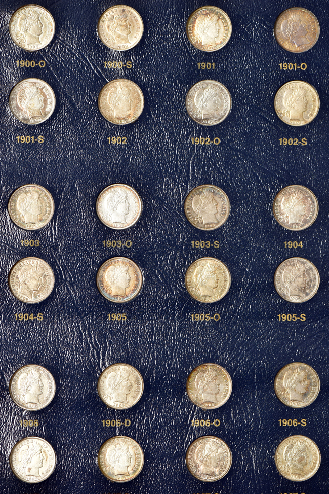 Sixty-nine different Barber dimes in a Whitman Classic 9117 album