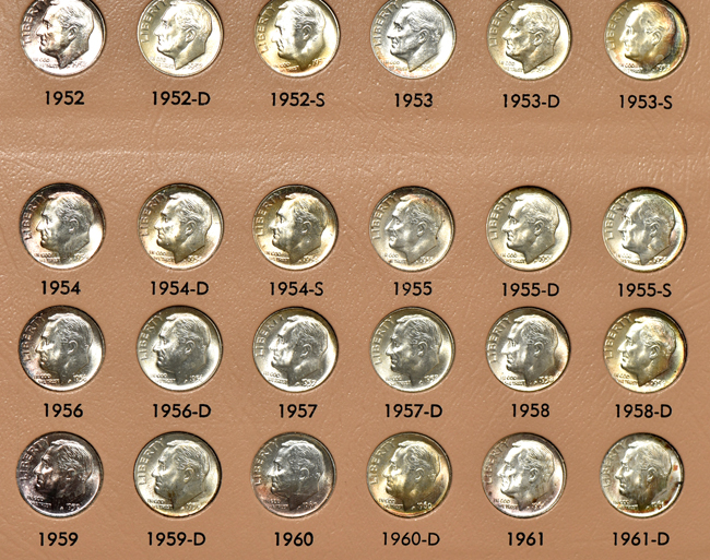 Complete collection of Roosevelt dimes, including proof-only issues, through 2009-S Proof, in a Dansco 8125 album