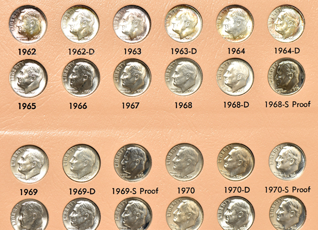 Complete collection of Roosevelt dimes, including proof-only issues, through 2009-S Proof, in a Dansco 8125 album