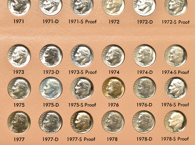 Complete collection of Roosevelt dimes, including proof-only issues, through 2009-S Proof, in a Dansco 8125 album