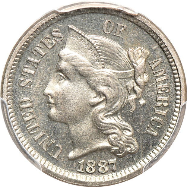 1883 Shield nickel PR-65 CAC, and an 1887/6 three-cent nickel PR-64, both PCGS