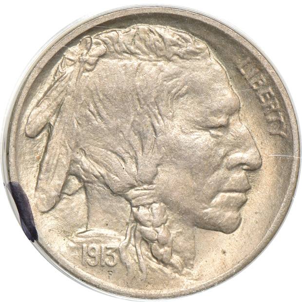 Nine Buffalo nickels, as described