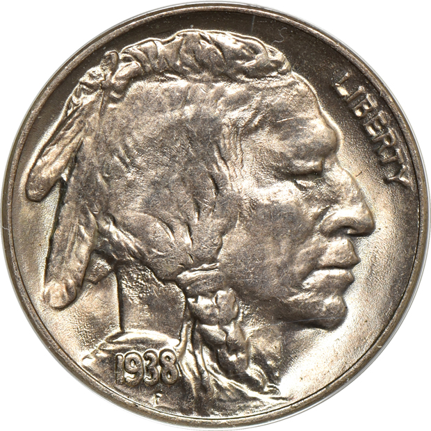 Nine Buffalo nickels, as described