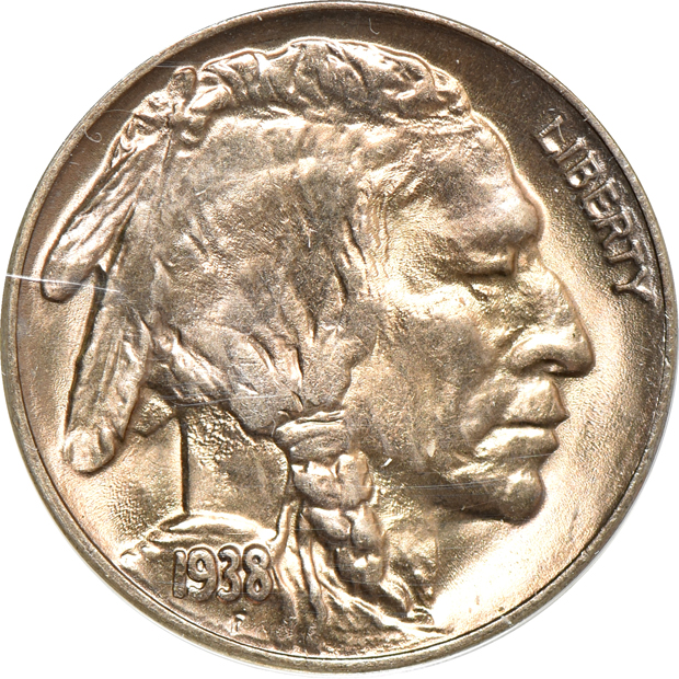 Nine Buffalo nickels, as described