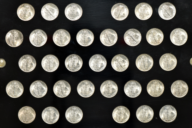 Collection of BU Mercury dimes, 1934 through 1945-S, in a Capital Plastics holder