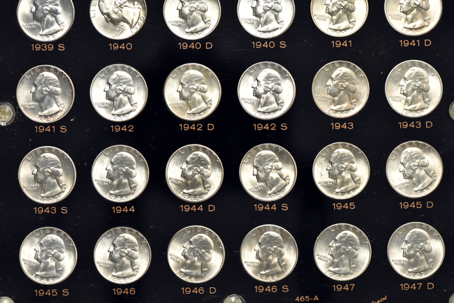 Collection of eighty-two BU Washington quarters, 1932 through 1964-D (no 1932-D or 1932-S), in two Capital Plastics holders