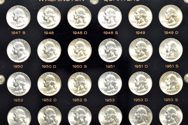 Collection of eighty-two BU Washington quarters, 1932 through 1964-D (no 1932-D or 1932-S), in two Capital Plastics holders