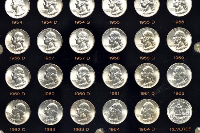 Collection of eighty-two BU Washington quarters, 1932 through 1964-D (no 1932-D or 1932-S), in two Capital Plastics holders