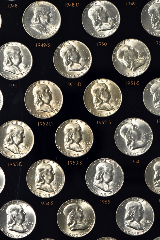 Complete collection of BU Franklin half-dollars in a Capital Plastics holder