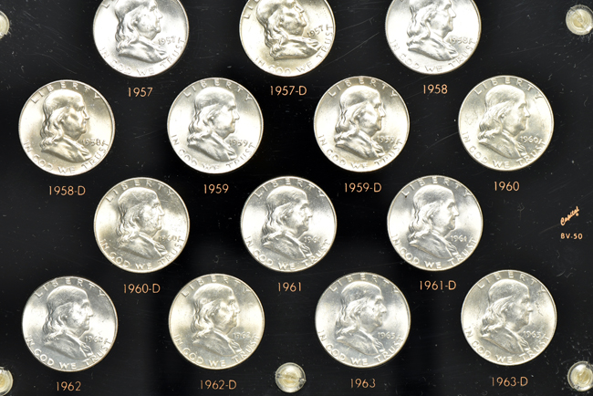 Complete collection of BU Franklin half-dollars in a Capital Plastics holder