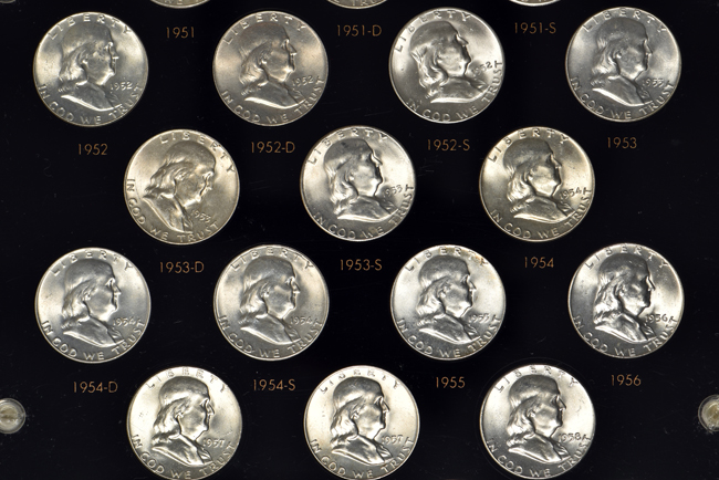 Complete collection of BU Franklin half-dollars in a Capital Plastics holder