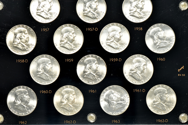 Complete collection of BU Franklin half-dollars in a Capital Plastics holder
