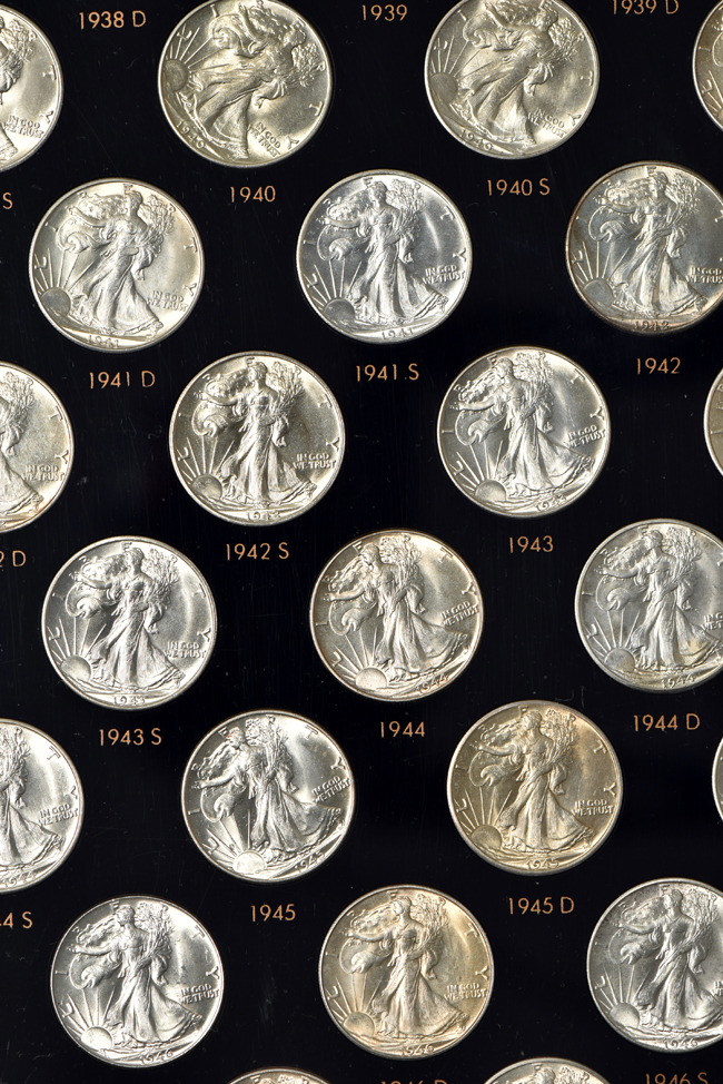 Collection of AU/BU Walking Liberty half-dollars, 1936 through 1947-D, in a Capital Plastics holder