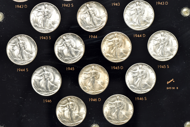 Collection of AU/BU Walking Liberty half-dollars, 1936 through 1947-D, in a Capital Plastics holder