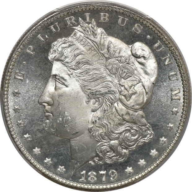 Seven PCGS certified Morgan silver dollars, MS-64 or MS-64+, all CAC