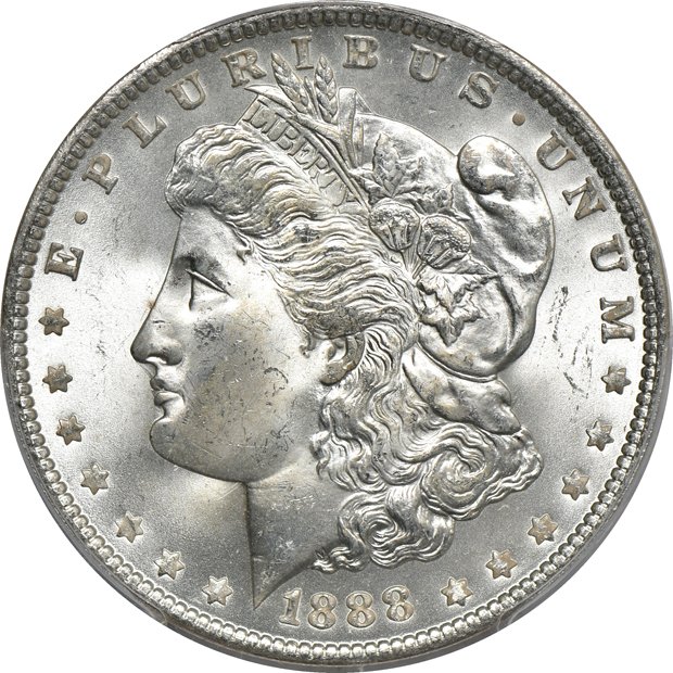 Seven PCGS certified Morgan silver dollars, MS-64 or MS-64+, all CAC