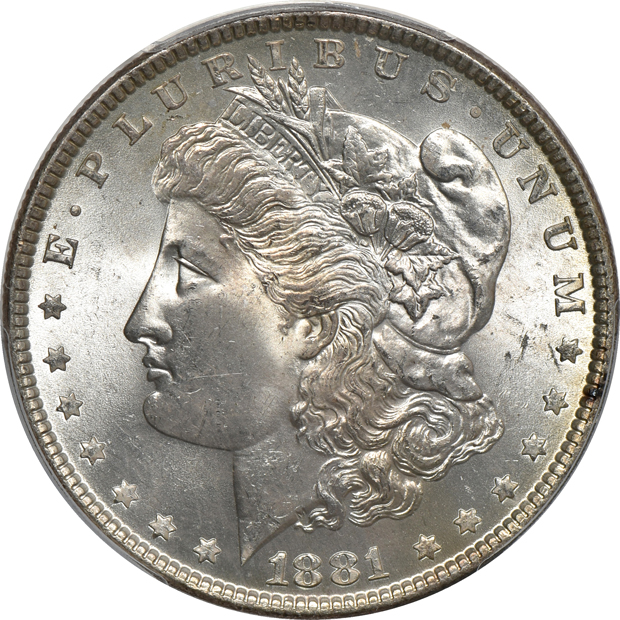 Seven PCGS certified Morgan silver dollars, MS-64 or MS-64+, all CAC