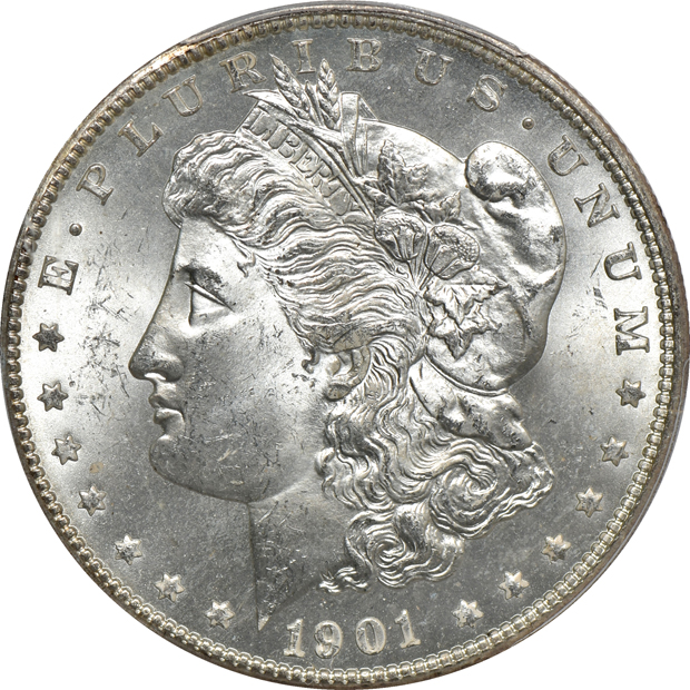 Seven PCGS certified Morgan silver dollars, MS-64 or MS-64+, all CAC