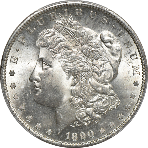 Seven PCGS certified Morgan silver dollars, all CAC