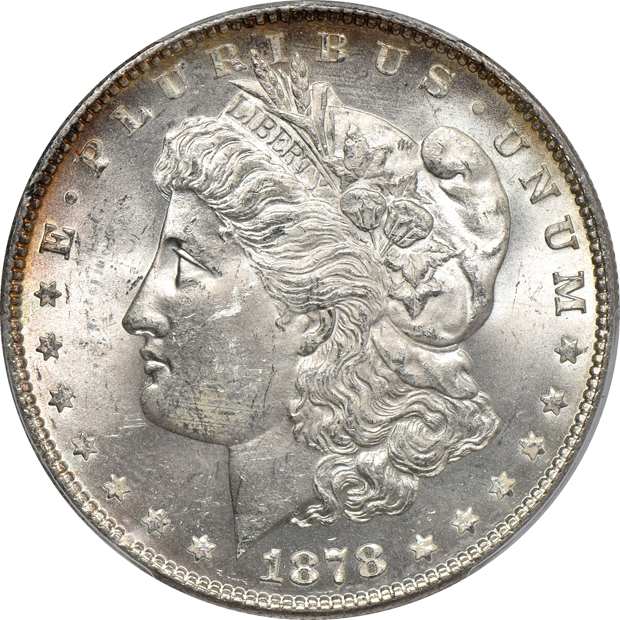 Seven PCGS certified Morgan silver dollars, all CAC