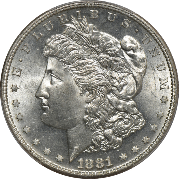 Five PCGS certified Morgan silver dollars