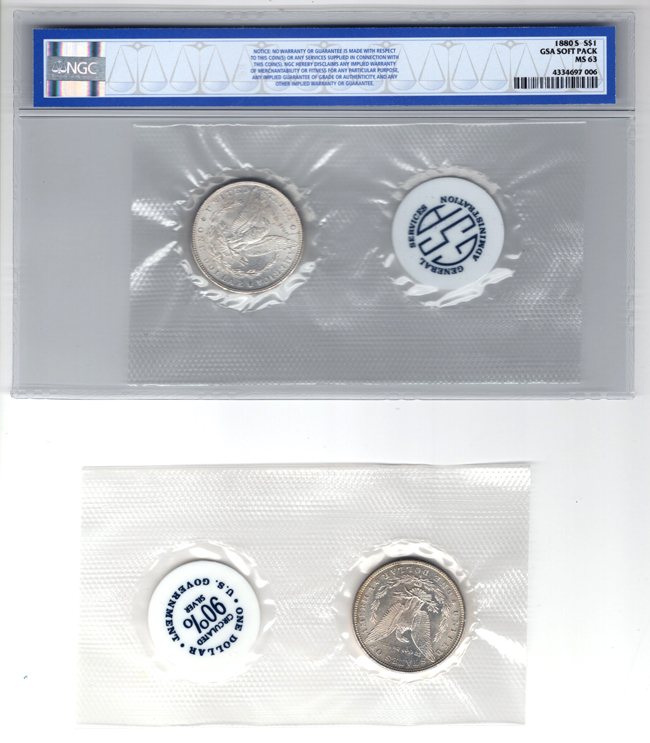 1879-S NGC MS-64, 1880-S NGC MS-63, and an 1882-S AU, all GSA Soft Pack