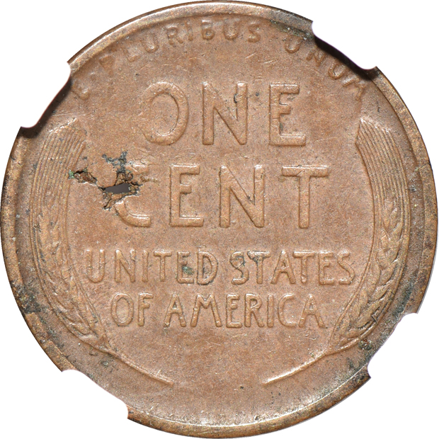 1917-D Lincoln cent struck on a holed, defective planchet, NGC XF-40 BN