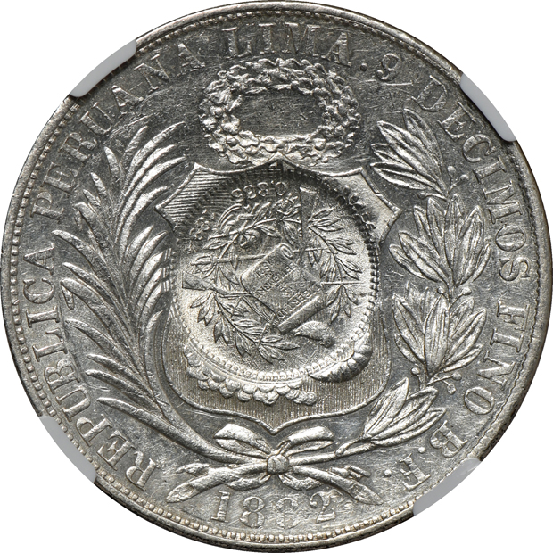 Guatemala - 1894 peso, 1/2 real counterstamp on Peru sol - NGC AU-55