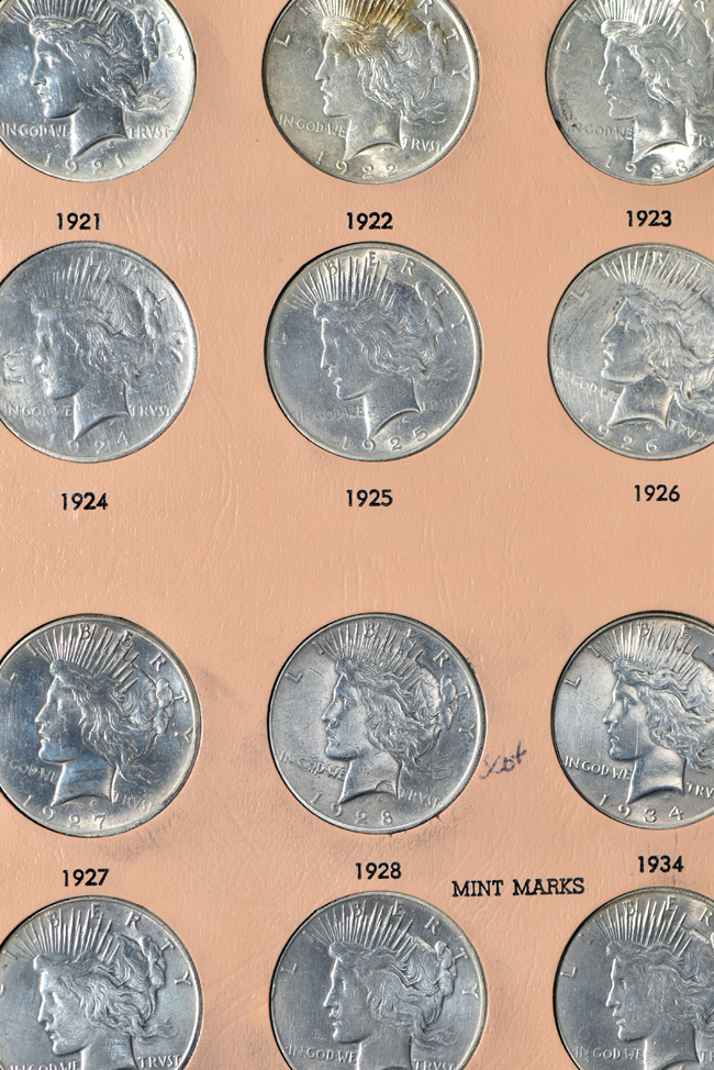 Collection of Morgan, Peace, Eisenhower, and Susan B. Anthony dollars in a Dansco album