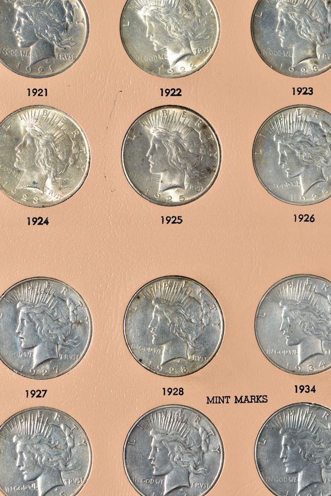 Collection of Morgan, Peace, Eisenhower, and Susan B. Anthony dollars in a Dansco album
