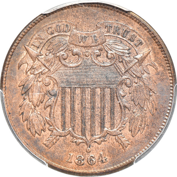 1864 Large Motto two-cent piece and a 1917-D Ty. 2 Standing Liberty quarter Full Head, both PCGS AU-58