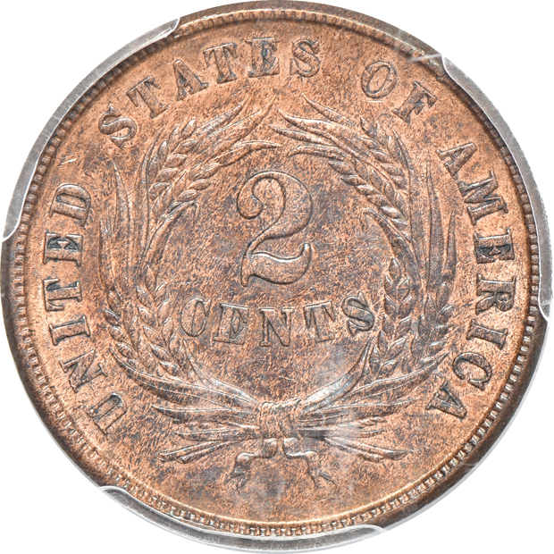 1864 Large Motto two-cent piece and a 1917-D Ty. 2 Standing Liberty quarter Full Head, both PCGS AU-58