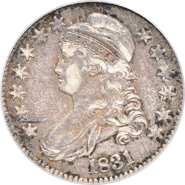 1831 Bust half-dollar ICGS XF-40, 1839 RE, Capped, Lg. Letters Bust half-dollar PCGS XF-40, and an 1870-S Seated half-dollar PCGS VF-30