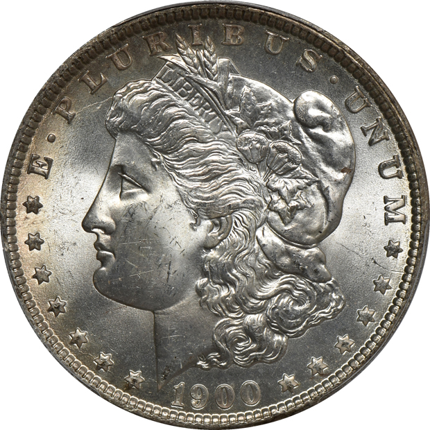 Five PCGS certified Morgan silver dollars