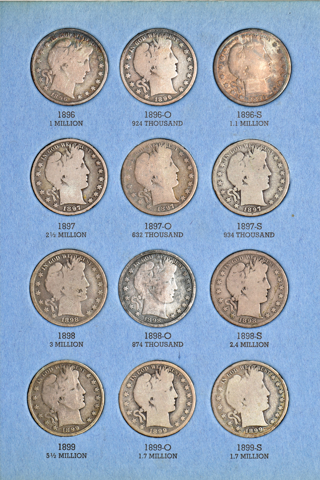 Complete collection of Barber half-dollars in two Whitman folders
