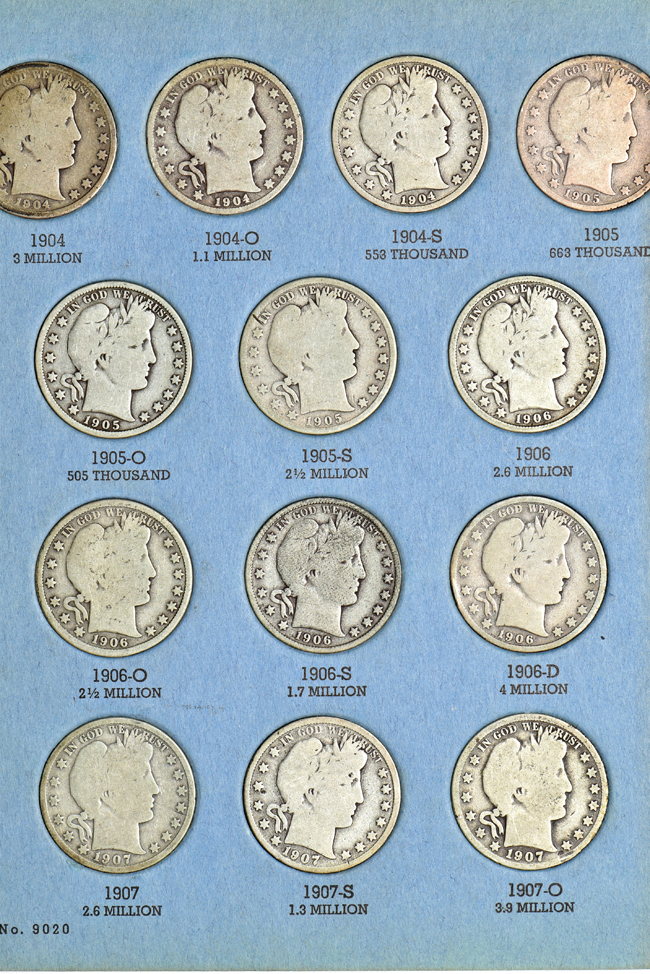 Complete collection of Barber half-dollars in two Whitman folders