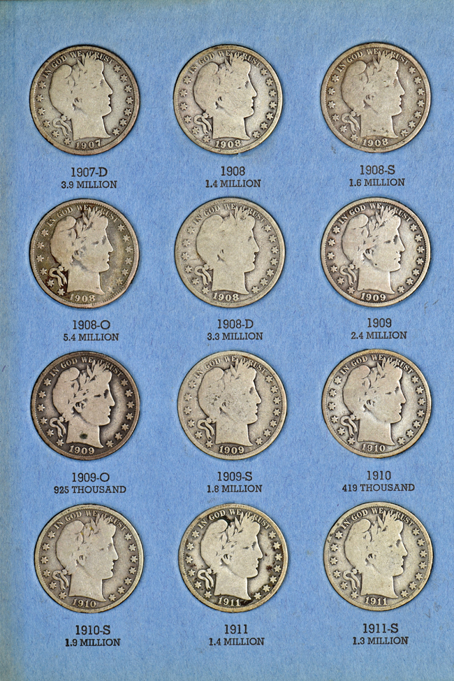 Complete collection of Barber half-dollars in two Whitman folders
