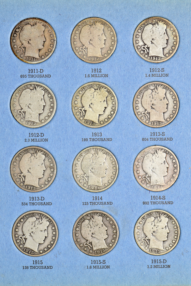 Complete collection of Barber half-dollars in two Whitman folders