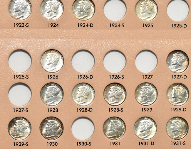 Sixty-one different Mercury dimes in a Dansco 7123 album