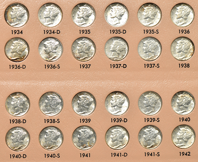 Sixty-one different Mercury dimes in a Dansco 7123 album