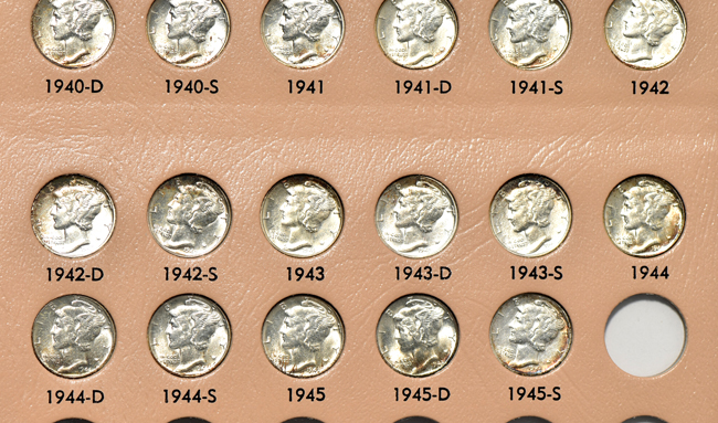 Sixty-one different Mercury dimes in a Dansco 7123 album