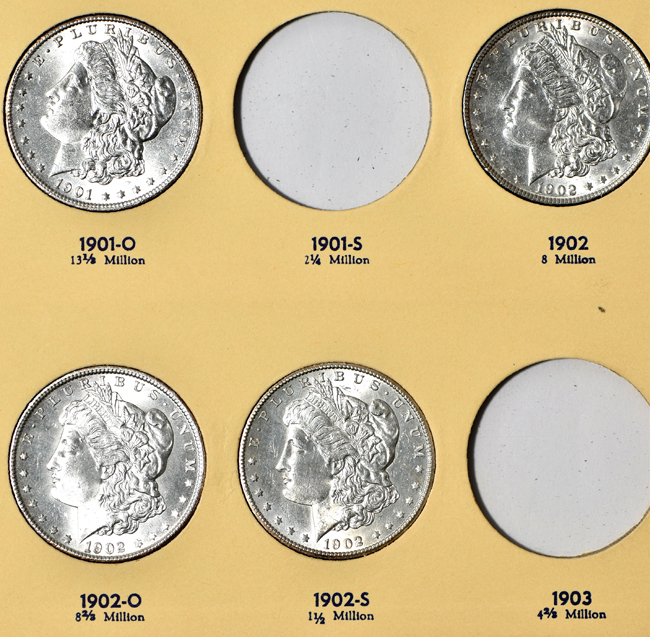 Nineteen different Morgan silver dollars in a Library of Coins Vol. 25 album