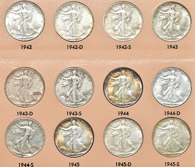 Complete collection of Walking Liberty half dollars in a Dansco 7160 album
