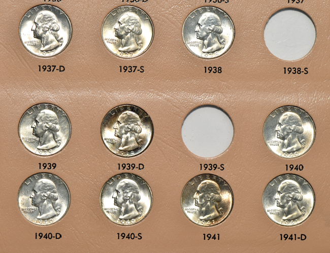 Seventy-nine different silver Washington quarters in a Dansco 7140 album