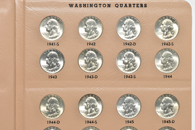 Seventy-nine different silver Washington quarters in a Dansco 7140 album